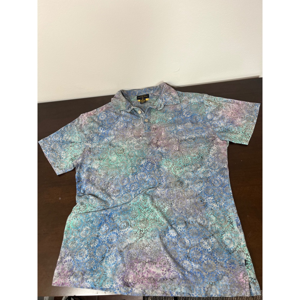 Pete Huntington Bali Handcrafted Batik Polo Shirt Mens Medium Blue Green Cotton